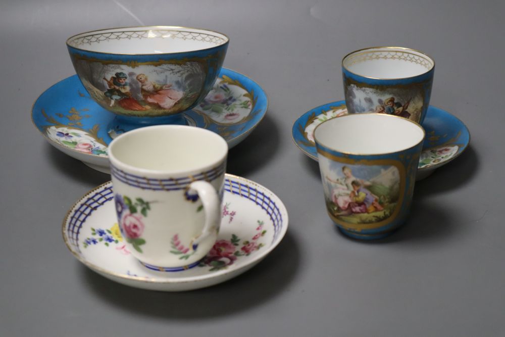 A Sevres coffee cup and saucer, a breakfast cup & saucer, coffee cup & saucer and a coffee cup